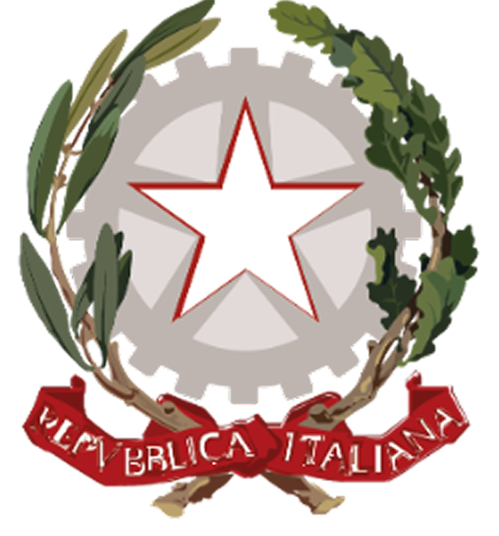 Emblem of the Italian Republic featuring a white star, surrounded by laurel and olive branches, with a gear in the background and a red ribbon displaying 'REPUBLICA ITALIANA'.
