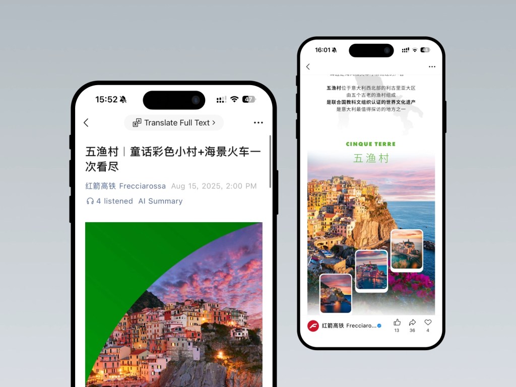 Frecciarossa RedNote travel guide featuring Cinque Terre villages and regional rail connections