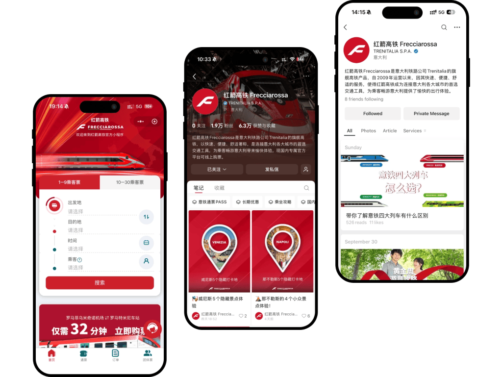 Frecciarossa digital content and WeChat Mini Program screenshots showcasing travel services for Chinese travellers