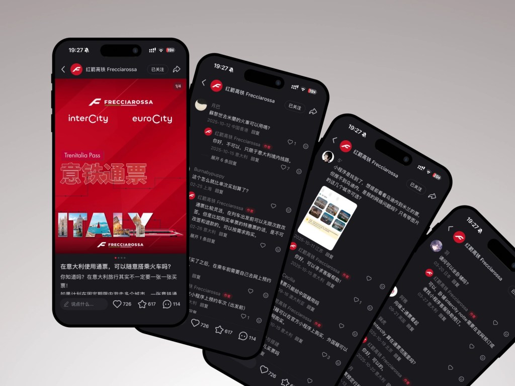 Frecciarossa RedNote posts introducing Trenitalia travel passes, rail services and audience engagement