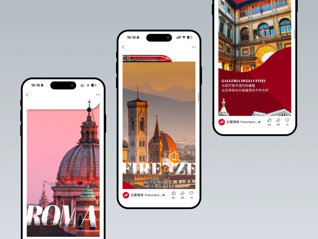 Frecciarossa RedNote travel guides featuring Rome and Florence as Italian rail destinations