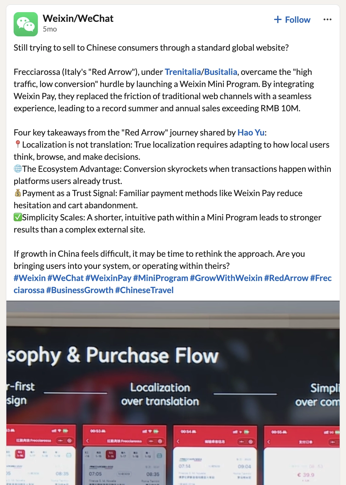 Weixin WeChat case study highlighting Frecciarossa Mini Program ticket sales and growth in China