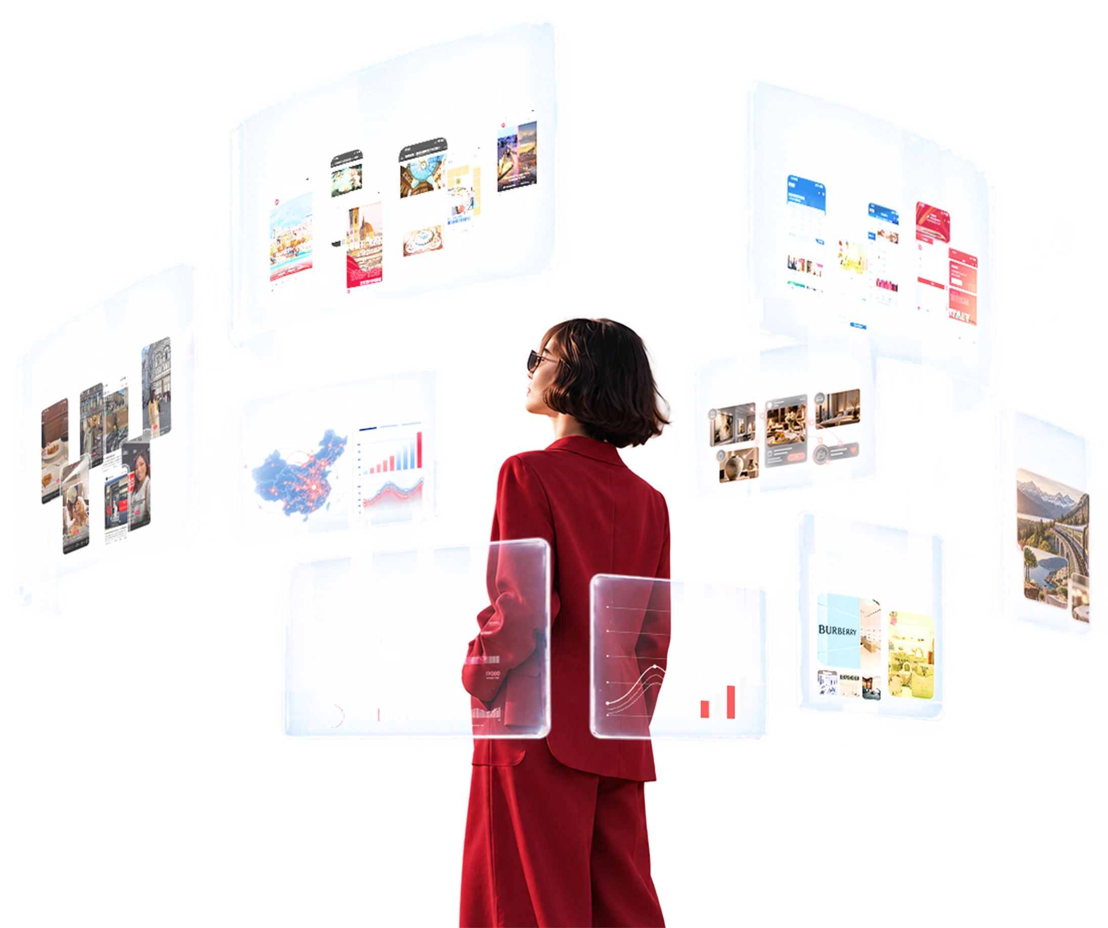 Woman viewing digital marketing and technology solutions against the Shanghai skyline